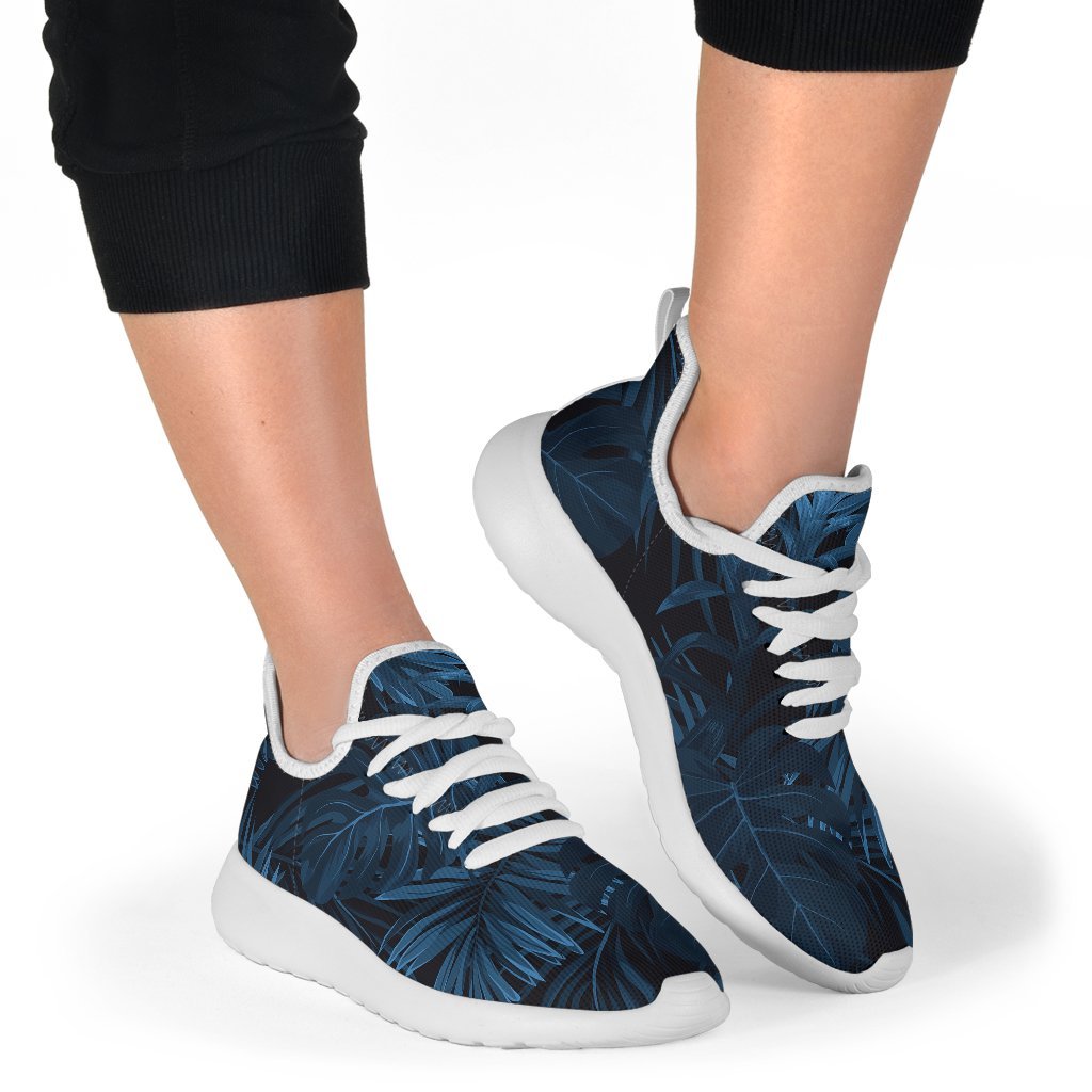 Dark Blue Tropical Leaf Pattern Print Mesh Knit Shoes GearFrost