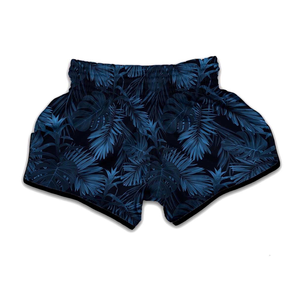 Dark Blue Tropical Leaf Pattern Print Muay Thai Boxing Shorts