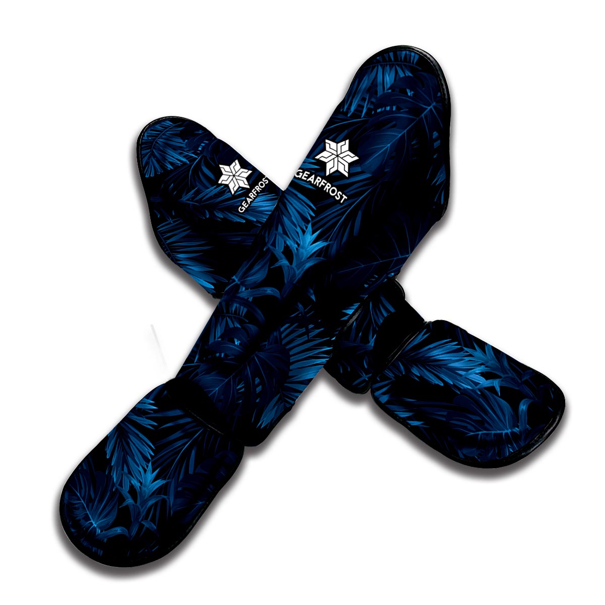 Dark Blue Tropical Leaf Pattern Print Muay Thai Shin Guard