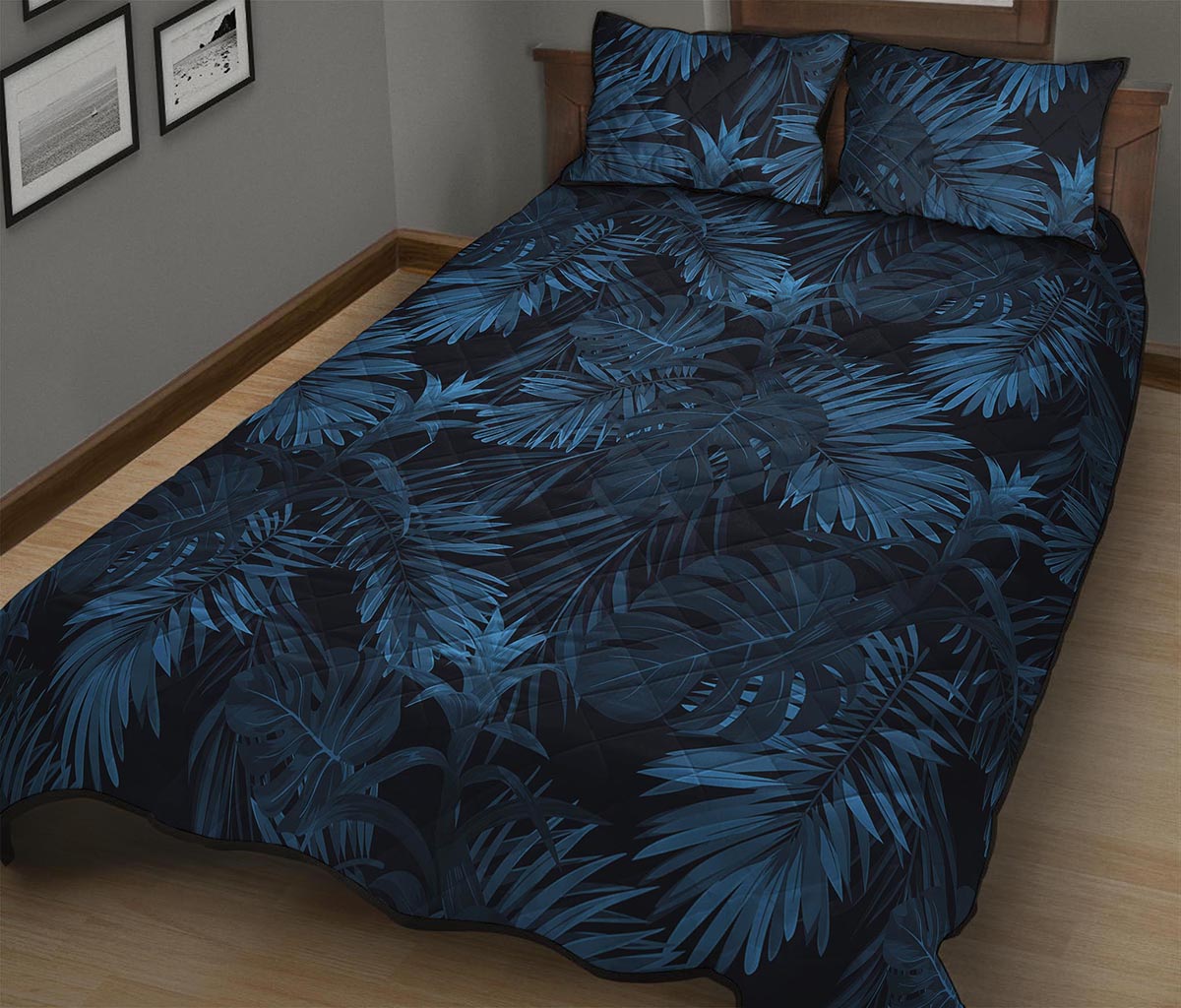 Dark Blue Tropical Leaf Pattern Print Quilt Bed Set