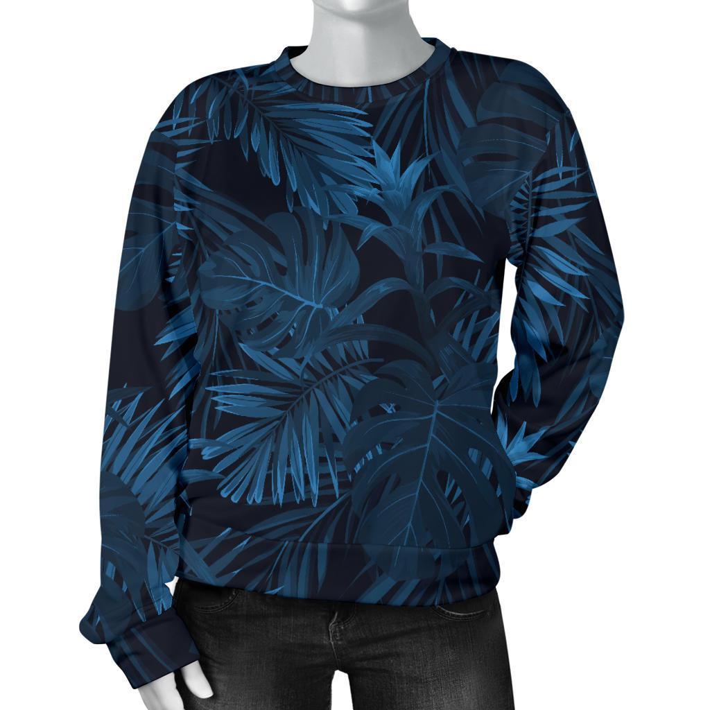 Dark Blue Tropical Leaf Pattern Print Women's Crewneck Sweatshirt GearFrost