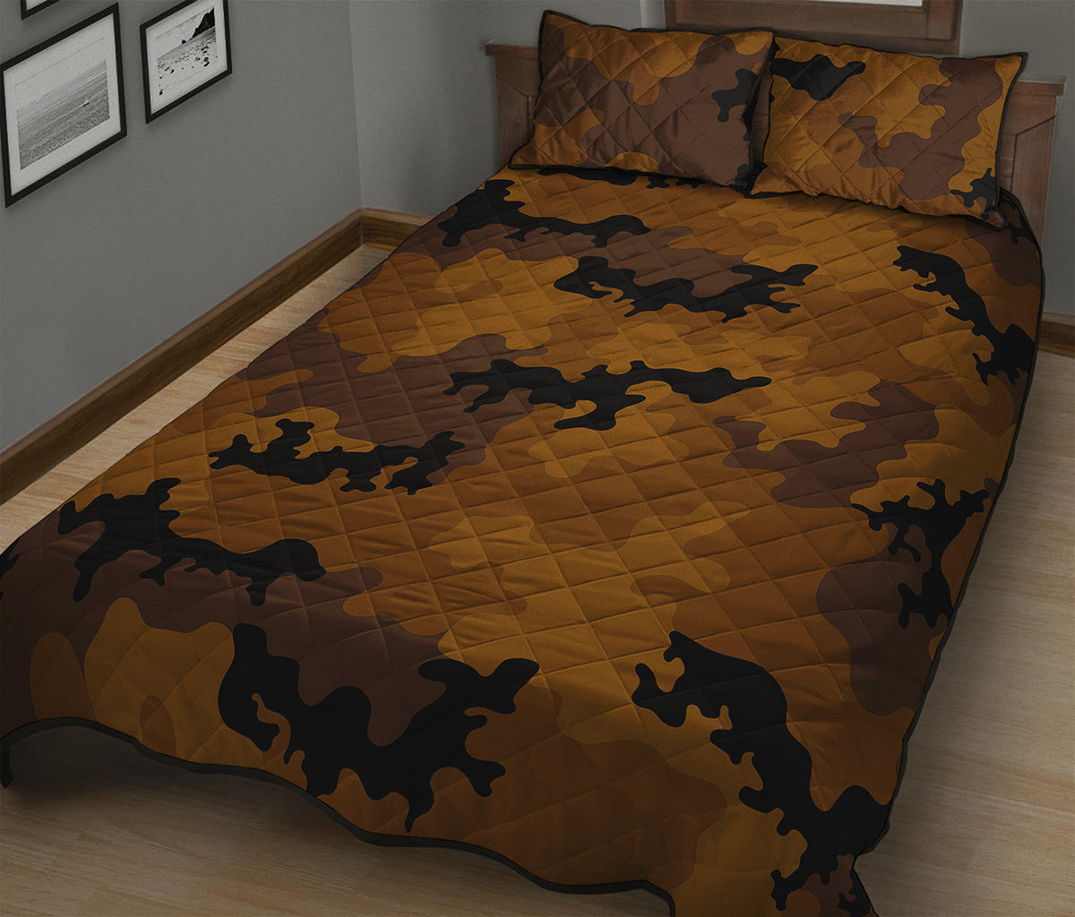 Dark Brown Camouflage Print Quilt Bed Set