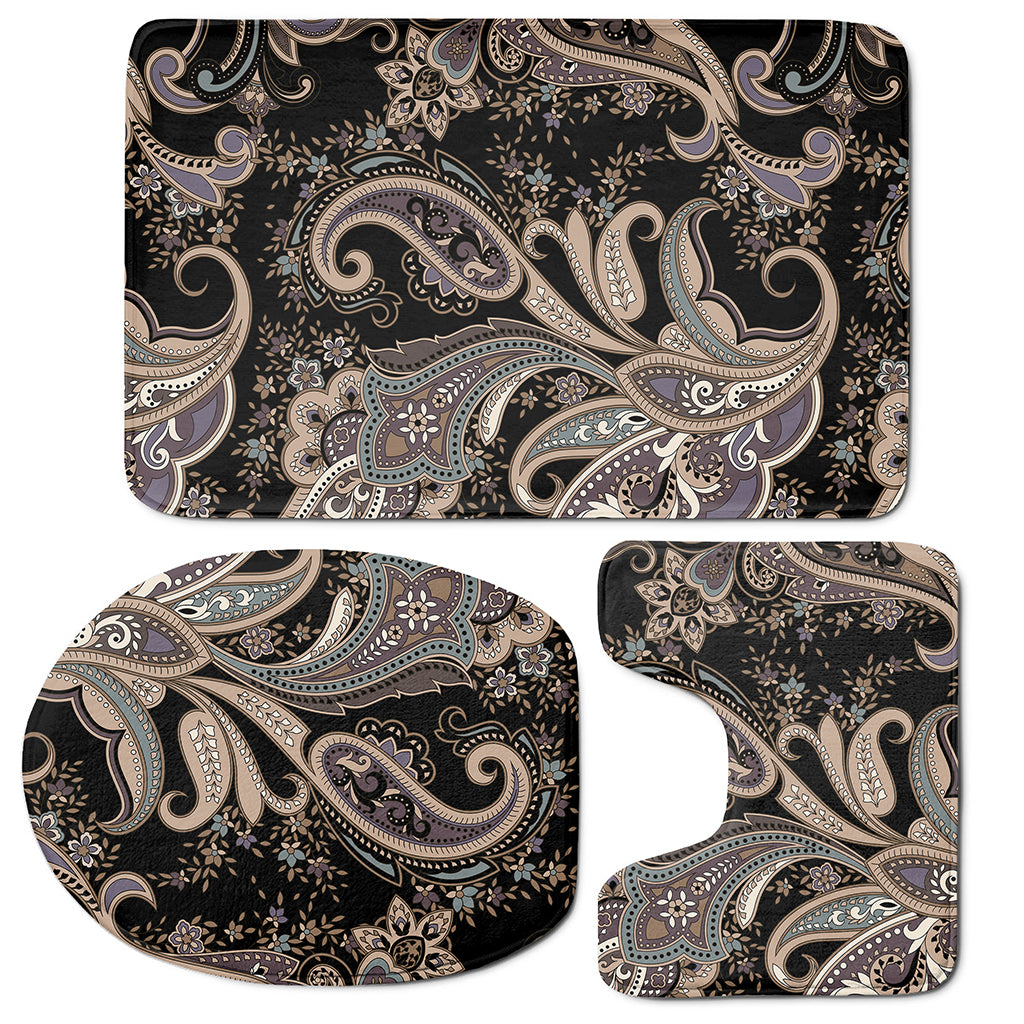 Dark Brown Paisley Pattern Print 3 Piece Bath Mat Set