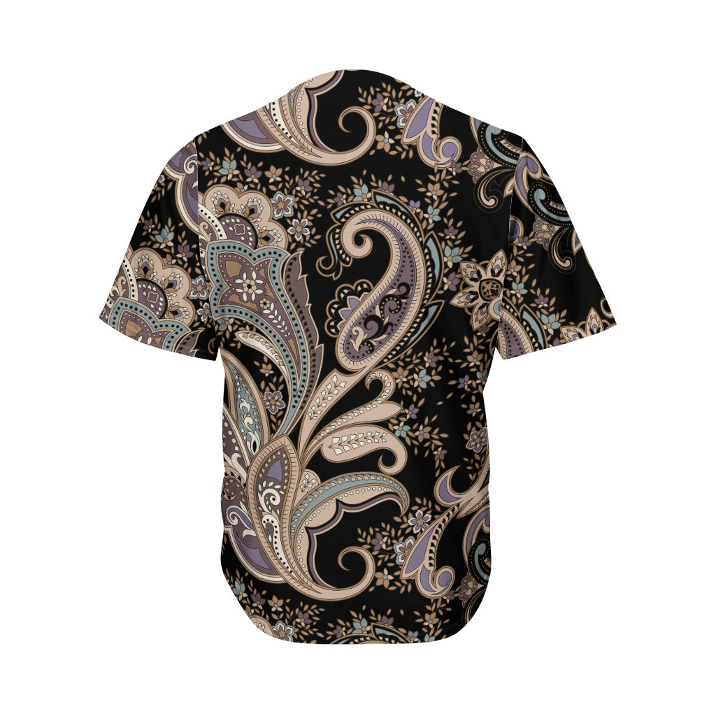 Dark Brown Paisley Pattern Print Men's Baseball Jersey