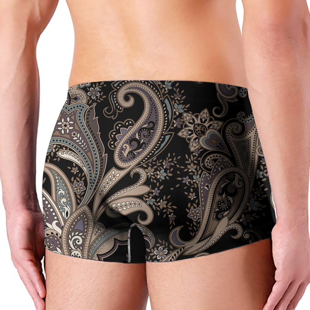 Dark Brown Paisley Pattern Print Men's Boxer Briefs