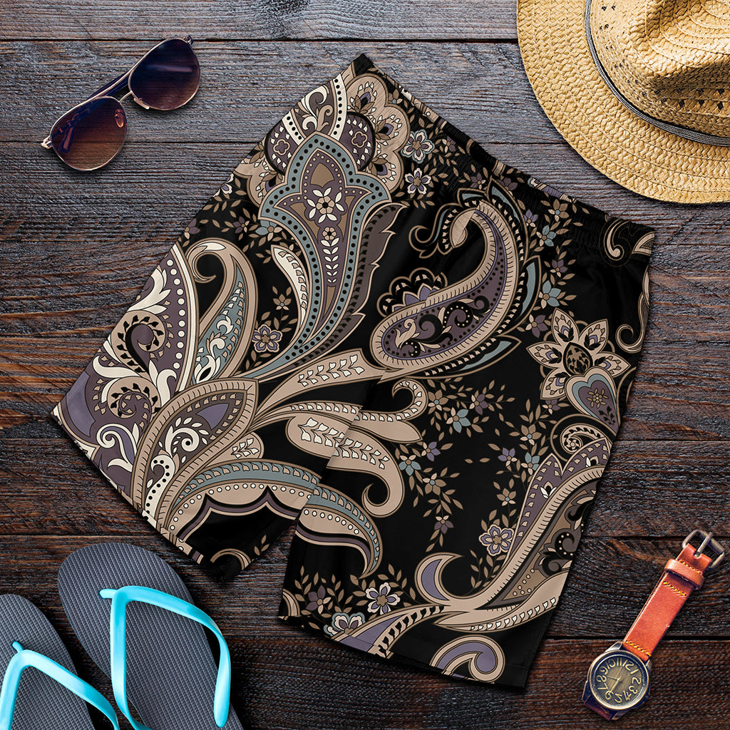 Dark Brown Paisley Pattern Print Men's Shorts