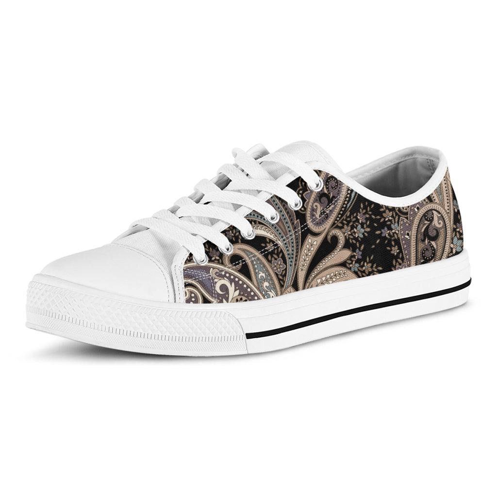 Dark Brown Paisley Pattern Print White Low Top Shoes