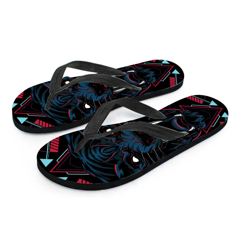 Dark Geometric Wolf Print Flip Flops