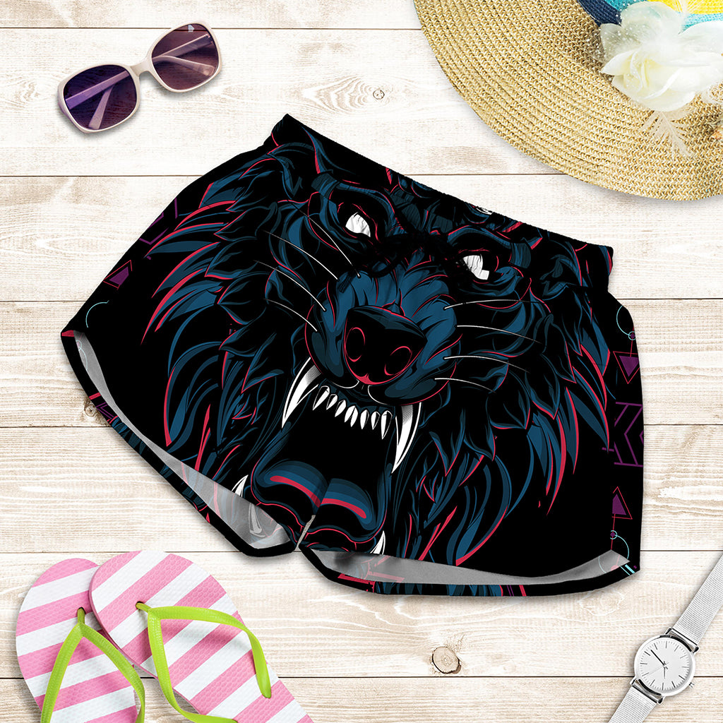 Dark Geometric Wolf Print Women's Shorts