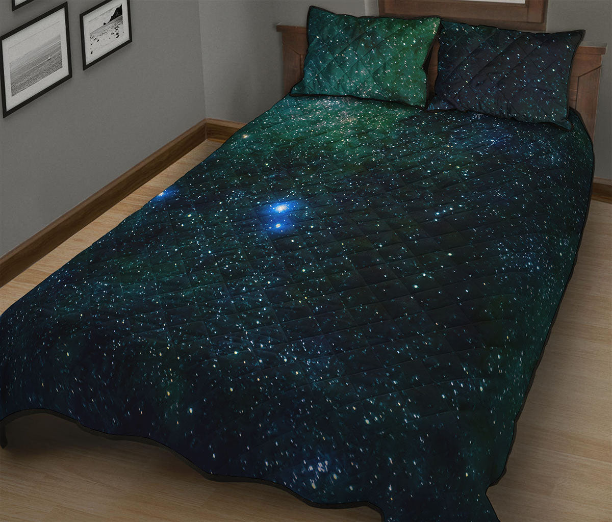 Dark Green Galaxy Space Print Quilt Bed Set