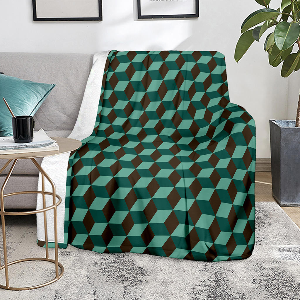 Dark Green Geometric Cube Pattern Print Blanket
