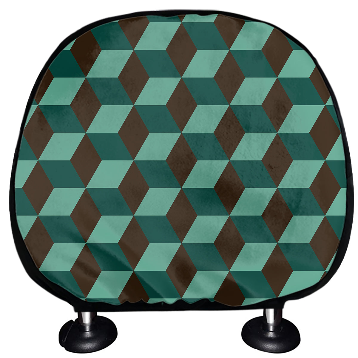 Dark Green Geometric Cube Pattern Print Car Headrest Covers