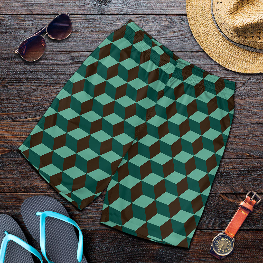 Dark Green Geometric Cube Pattern Print Men's Shorts
