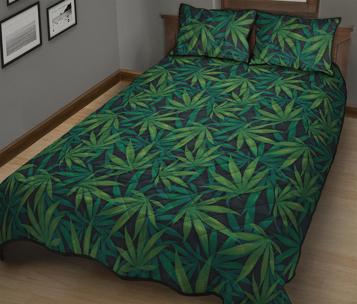 Dark Green Hemp Pattern Print Quilt Bed Set