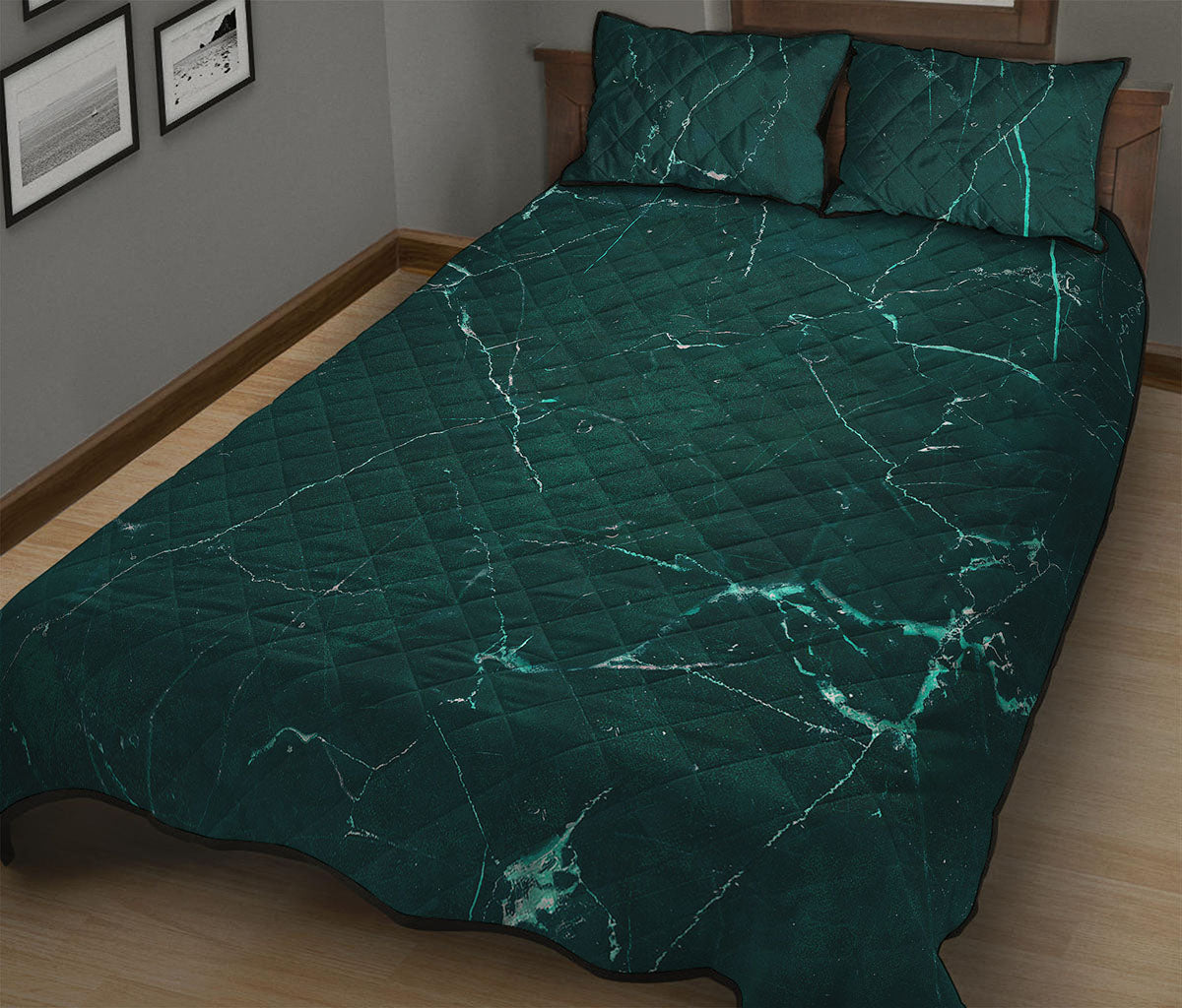 Dark Green Marble Print Quilt Bed Set