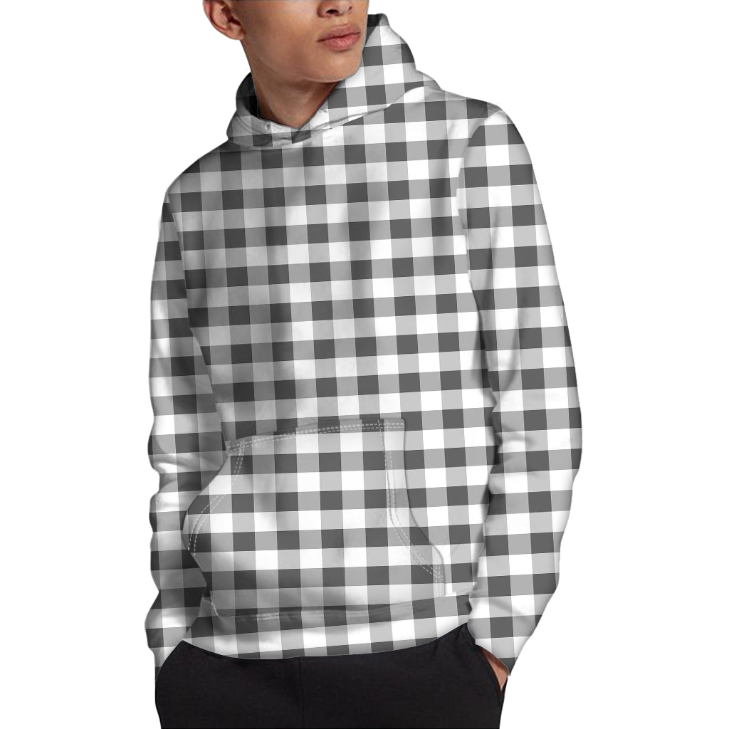 Dark Grey And White Gingham Print Pullover Hoodie