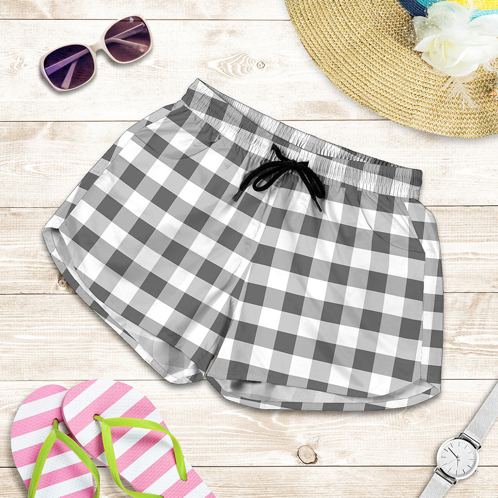 Dark Grey And White Gingham Print Women's Shorts
