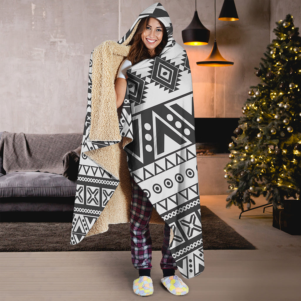 Dark Grey Aztec Pattern Print Hooded Blanket