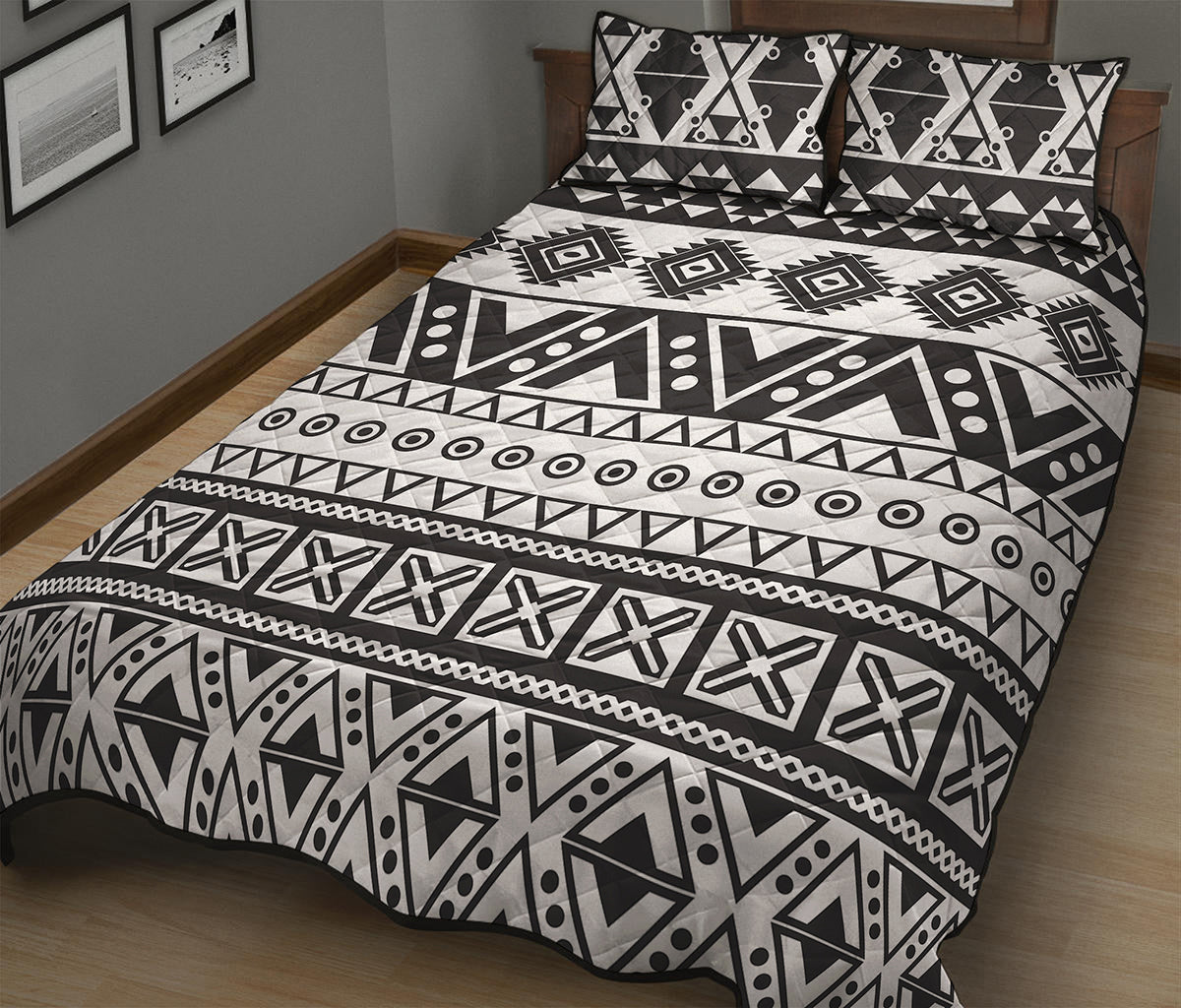 Dark Grey Aztec Pattern Print Quilt Bed Set