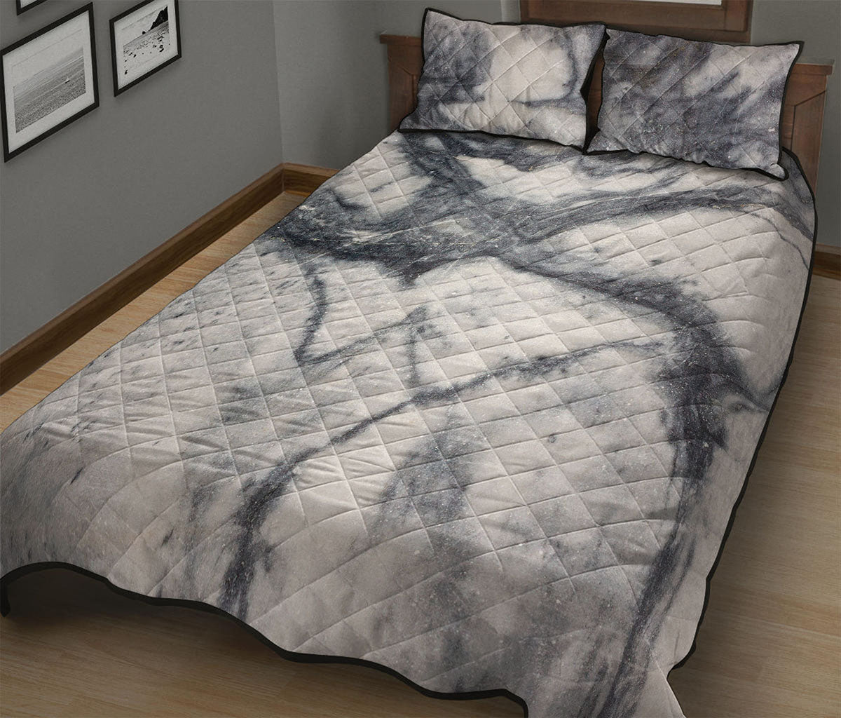 Dark Grey White Marble Print Quilt Bed Set