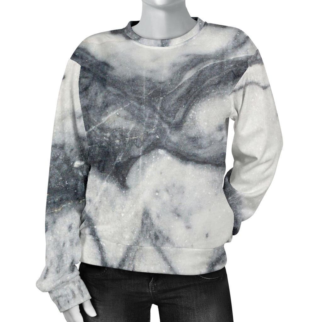 Dark Grey White Marble Print Women's Crewneck Sweatshirt GearFrost