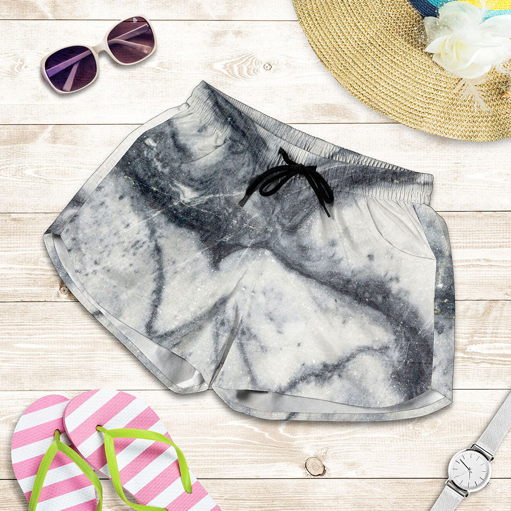 Dark Grey White Marble Print Women's Shorts