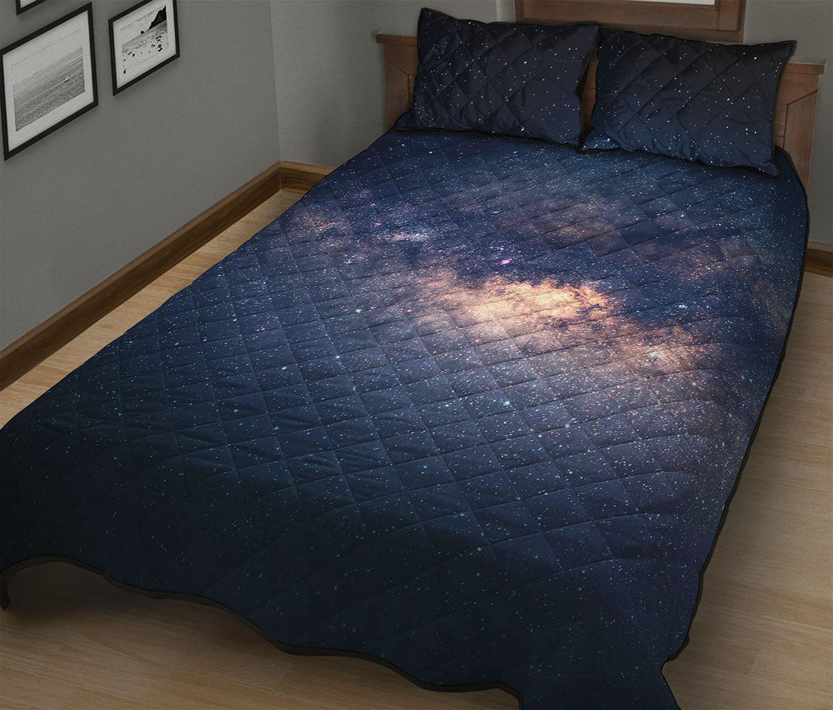 Dark Milky Way Galaxy Space Print Quilt Bed Set