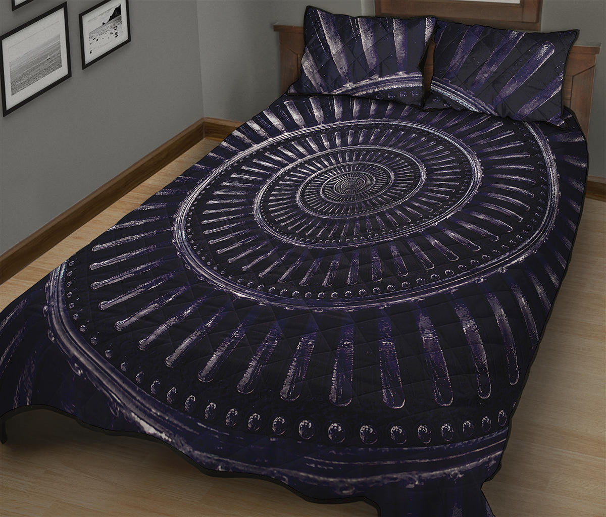 Dark Navy Metal Spiral Print Quilt Bed Set
