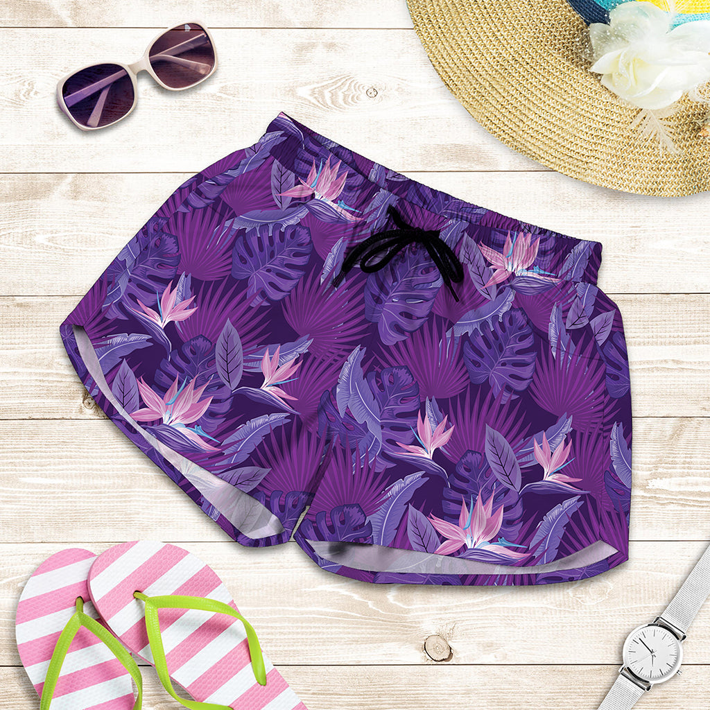 Dark Purple Hawaiian Tropical Print Women's Shorts