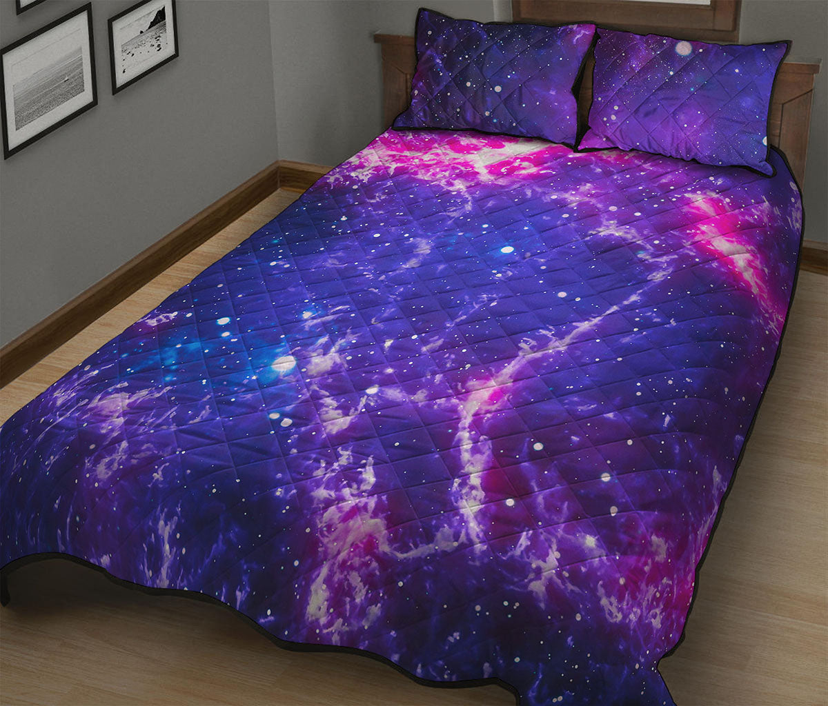 Dark Purple Universe Galaxy Space Print Quilt Bed Set