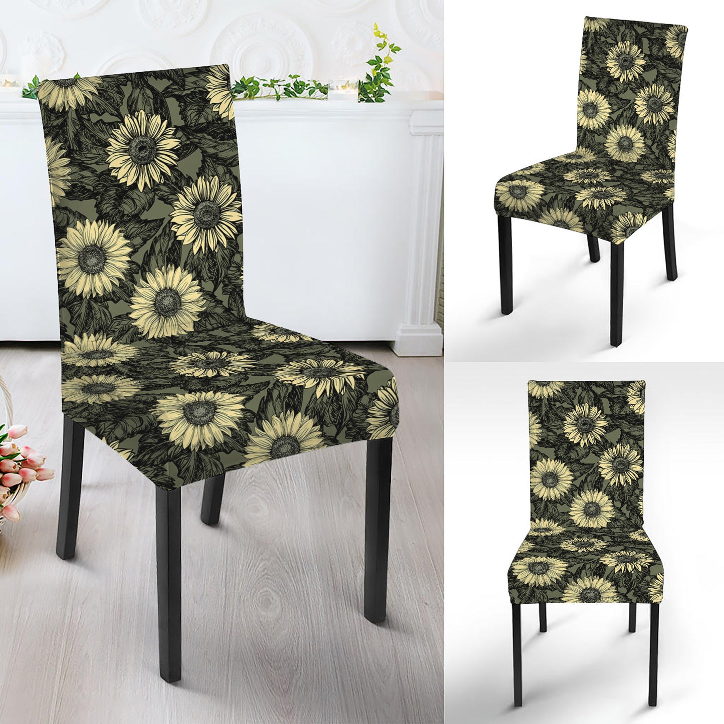 Dark Sunflower Pattern Print Dining Chair Slipcover