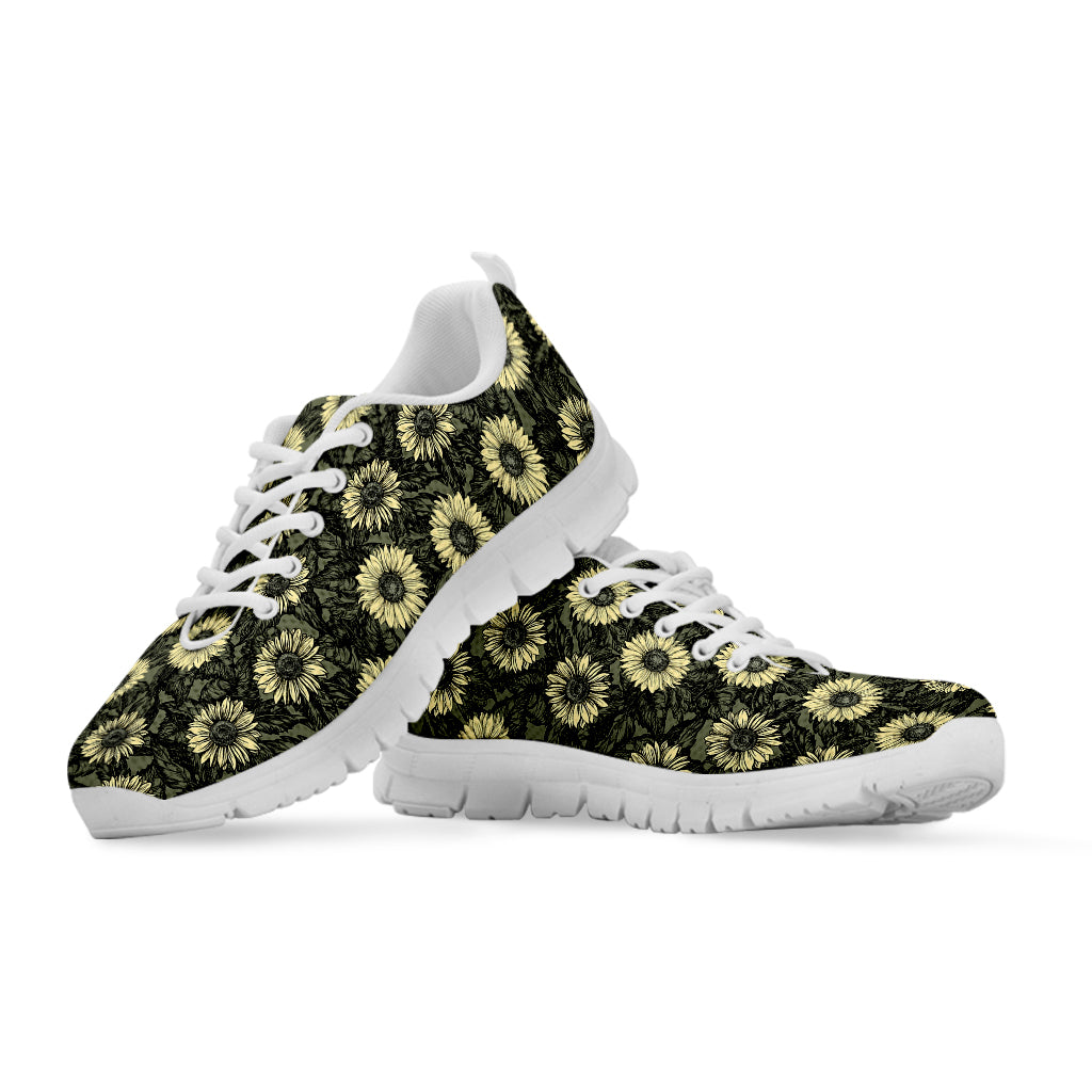 Dark Sunflower Pattern Print White Sneakers