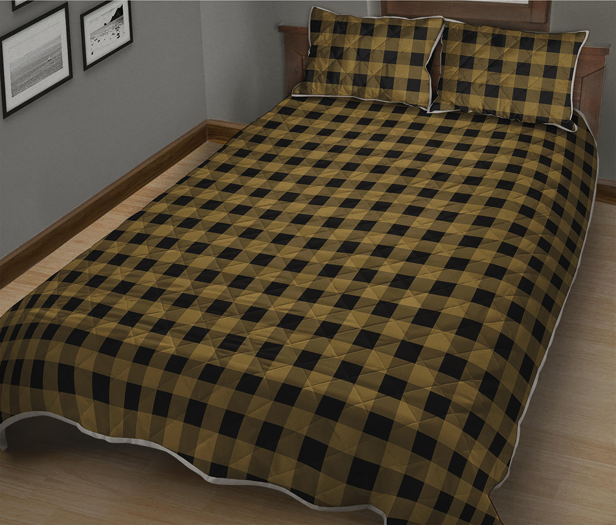 Dark Tan And Black Check Pattern Print Quilt Bed Set – GearFrost
