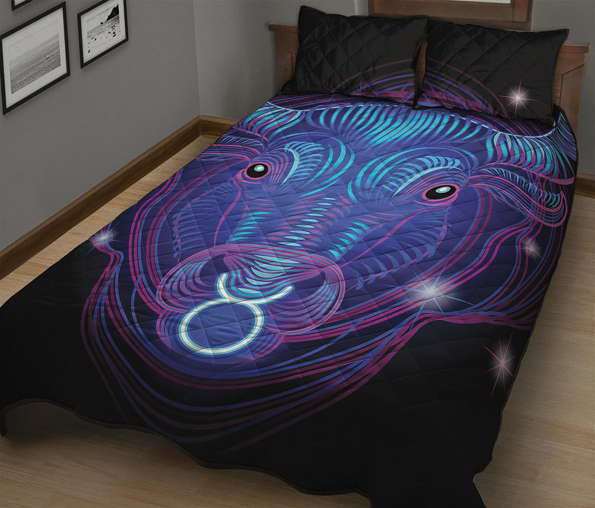 Dark Taurus Zodiac Sign Print Quilt Bed Set