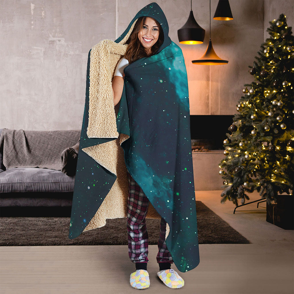 Dark Teal Galaxy Space Print Hooded Blanket