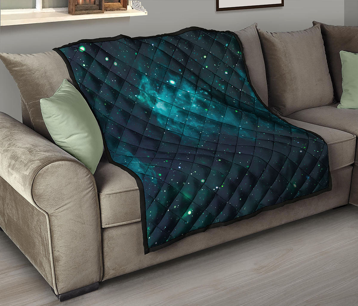 Dark Teal Galaxy Space Print Quilt