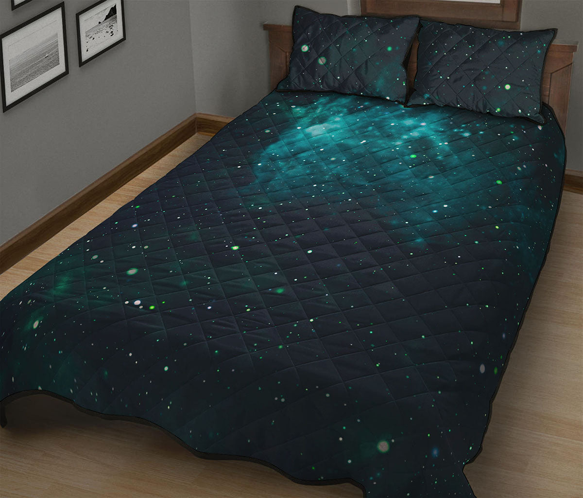Dark Teal Galaxy Space Print Quilt Bed Set