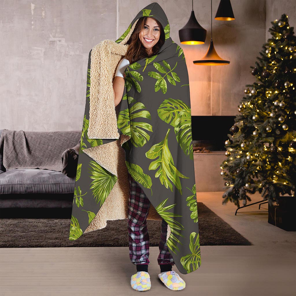 Dark Tropical Leaf Pattern Print Hooded Blanket