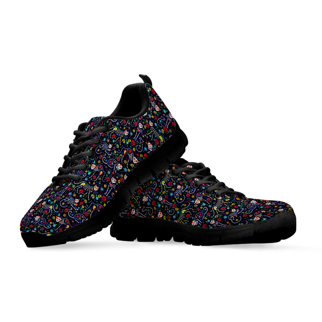 Day Of The Dead Calavera Cat Print Black Sneakers
