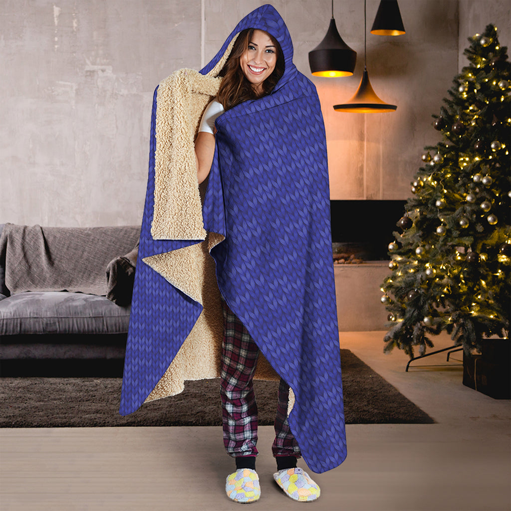 Deep Blue Knitted Pattern Print Hooded Blanket