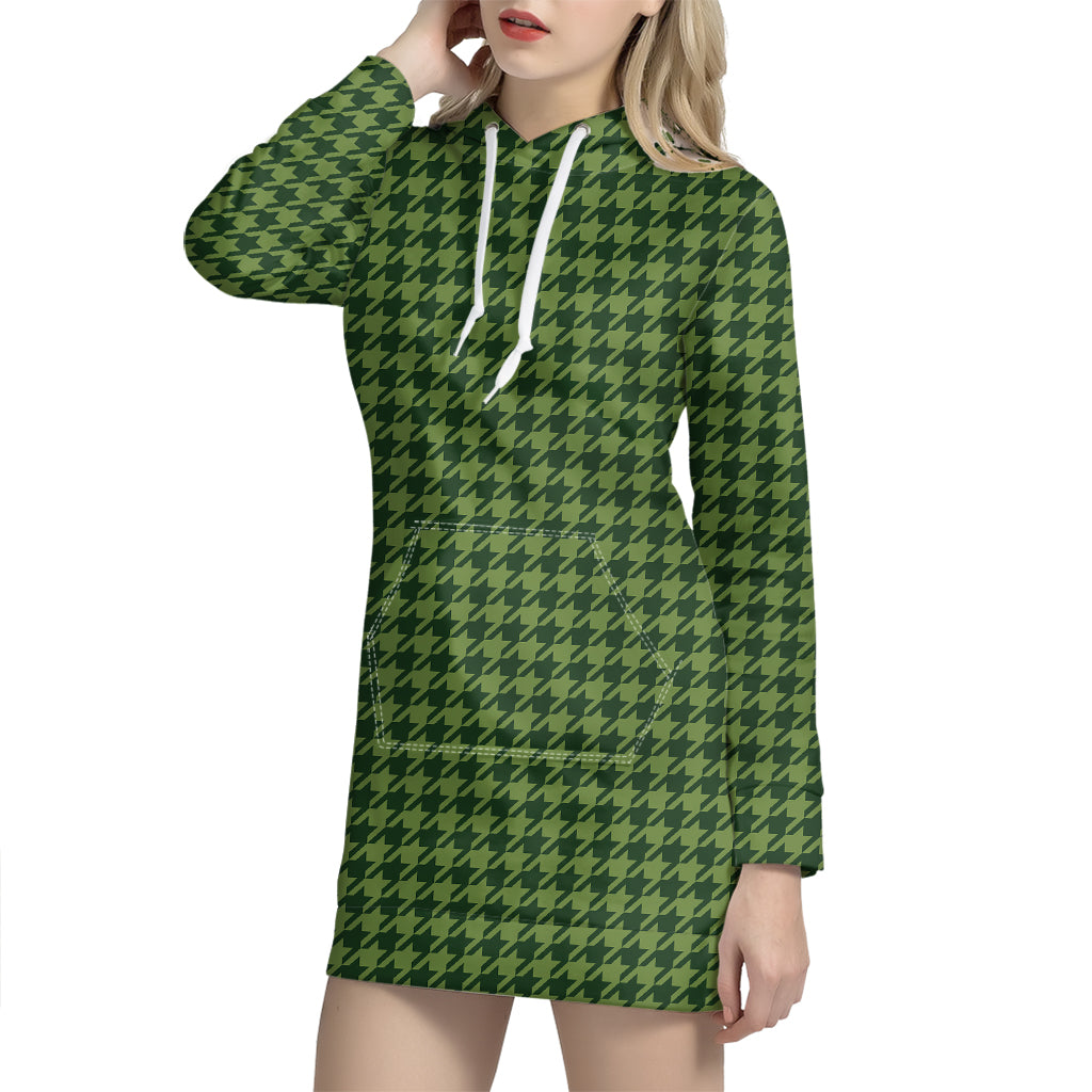 Deep Green Houndstooth Pattern Print Hoodie Dress