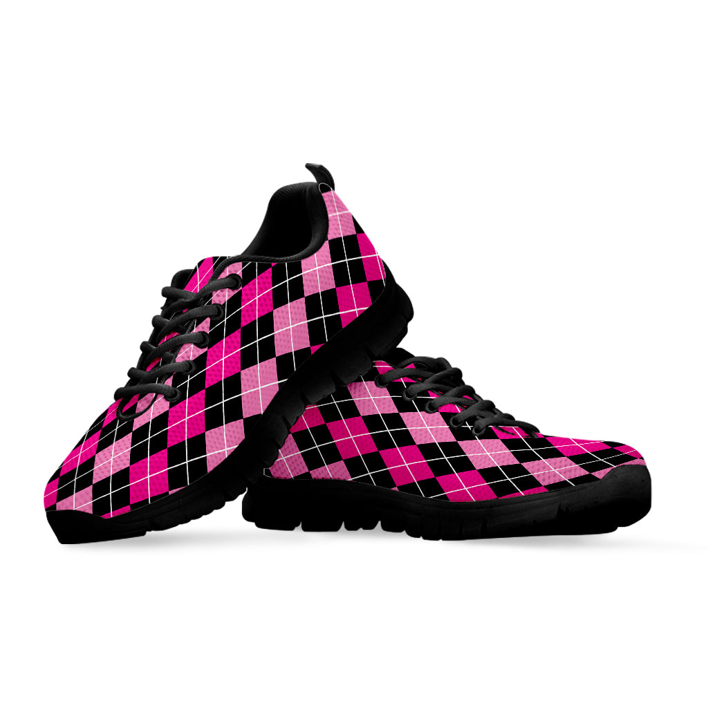 Deep Pink And Black Argyle Pattern Print Black Sneakers