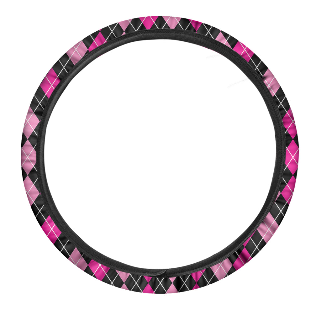 Deep Pink And Black Argyle Pattern Print Car Steering Wheel Cover