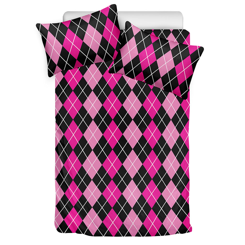 Deep Pink And Black Argyle Pattern Print Duvet Cover Bedding Set