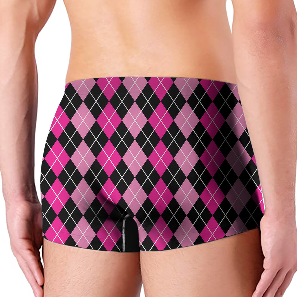 Deep Pink And Black Argyle Pattern Print Men's Boxer Briefs