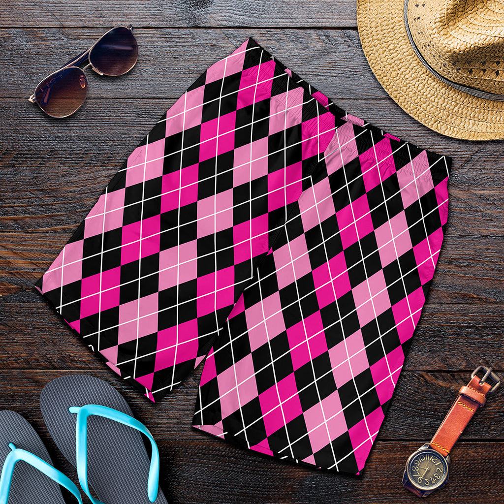Deep Pink And Black Argyle Pattern Print Men's Shorts