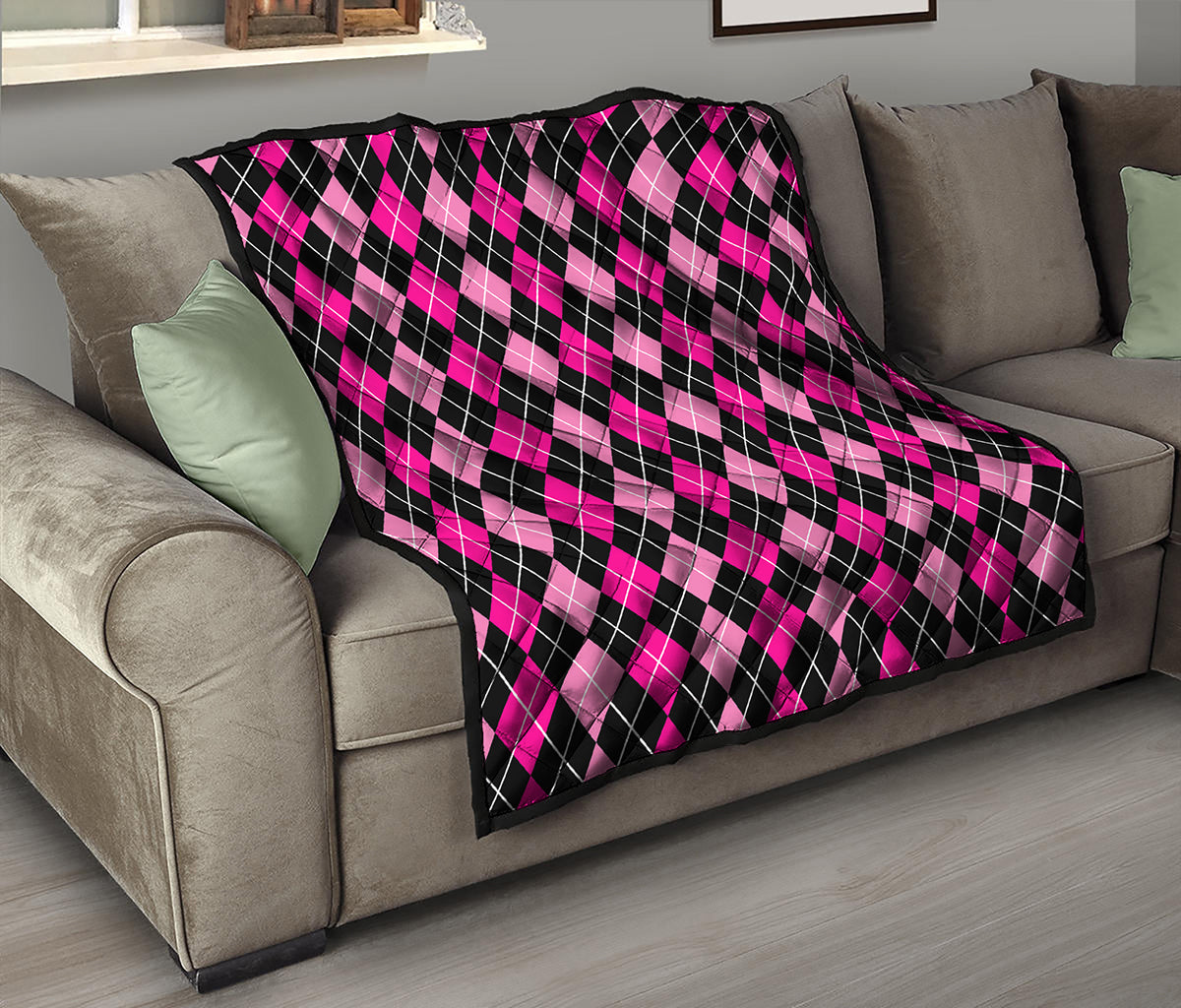 Deep Pink And Black Argyle Pattern Print Quilt