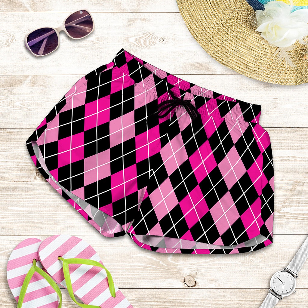 Deep Pink And Black Argyle Pattern Print Women's Shorts