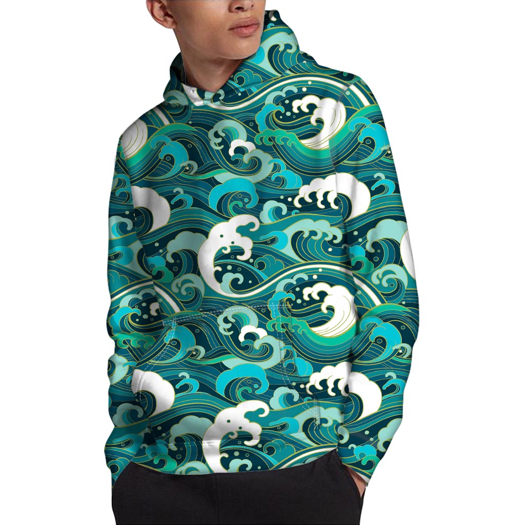 Deep Sea Wave Surfing Pattern Print Pullover Hoodie