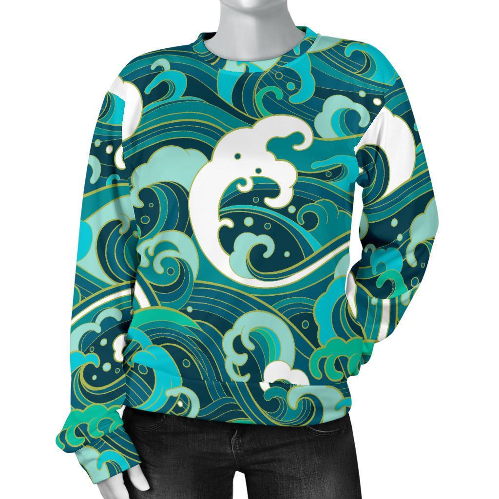 Deep Sea Wave Surfing Pattern Print Women's Crewneck Sweatshirt GearFrost